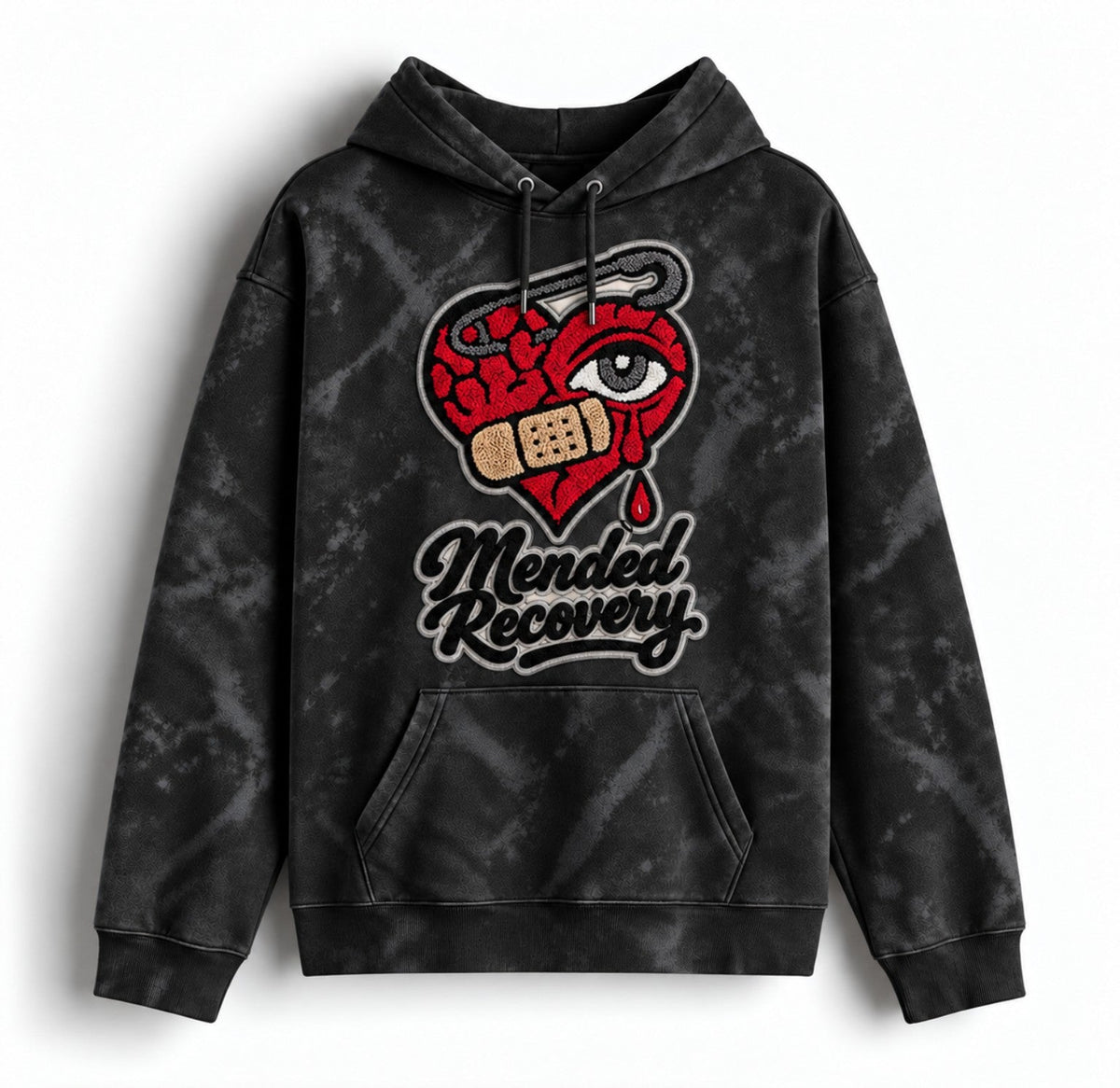 Black distressed Mended Recovery hoodie – statement graphic