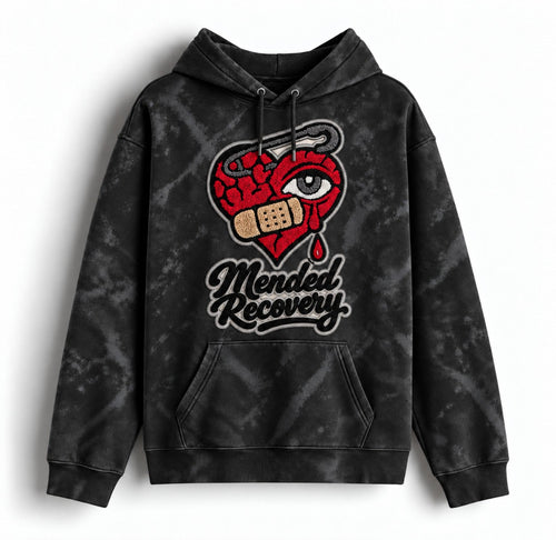 Black distressed Mended Recovery hoodie – statement graphic