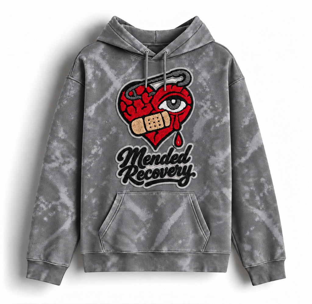 Gray distressed Mended Recovery hoodie – statement graphic