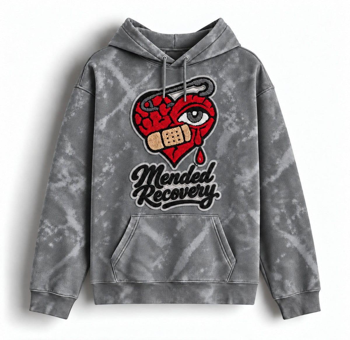 Gray distressed Mended Recovery hoodie – statement graphic