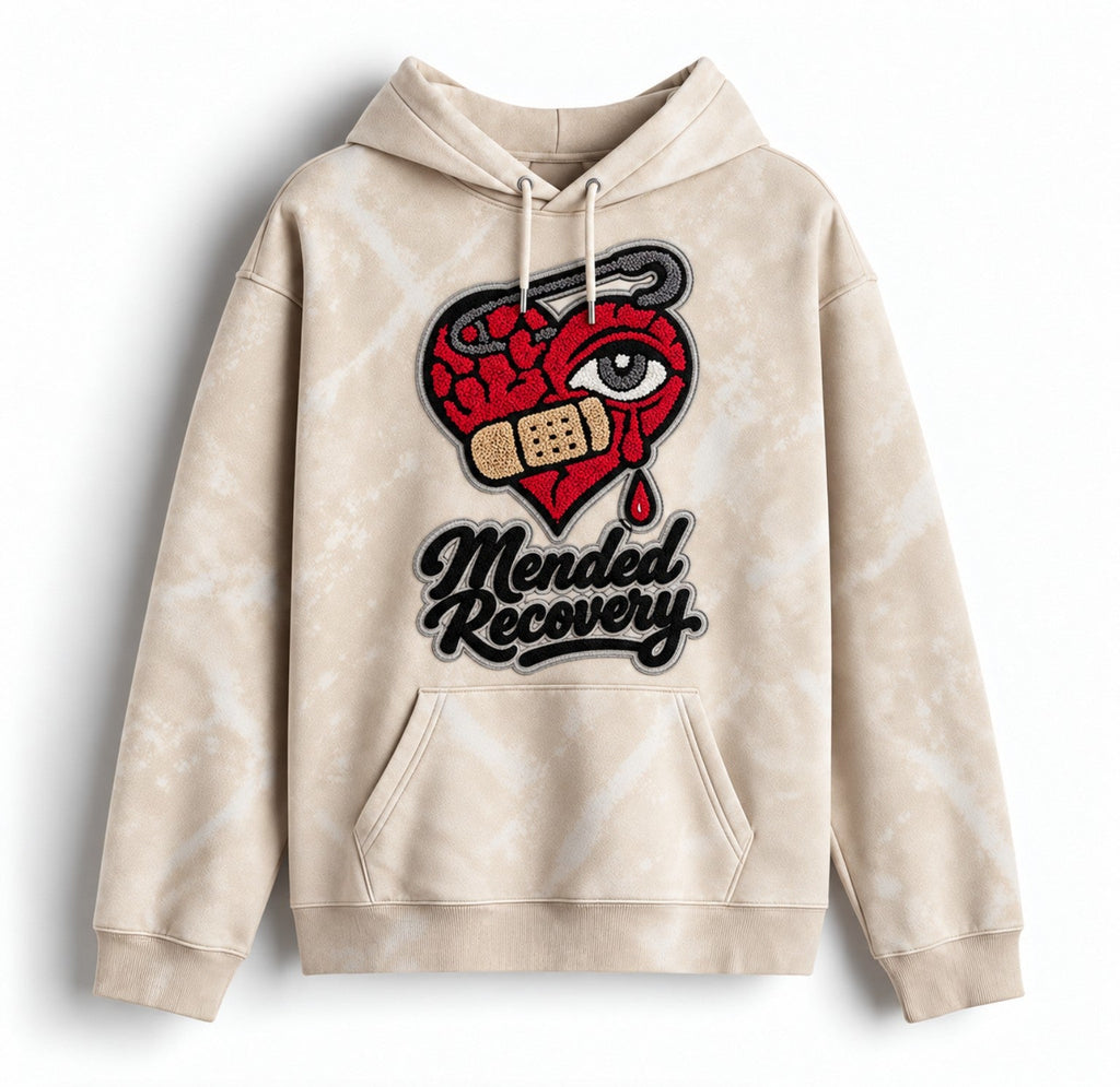 Cream distressed Mended Recovery hoodie – statement graphic