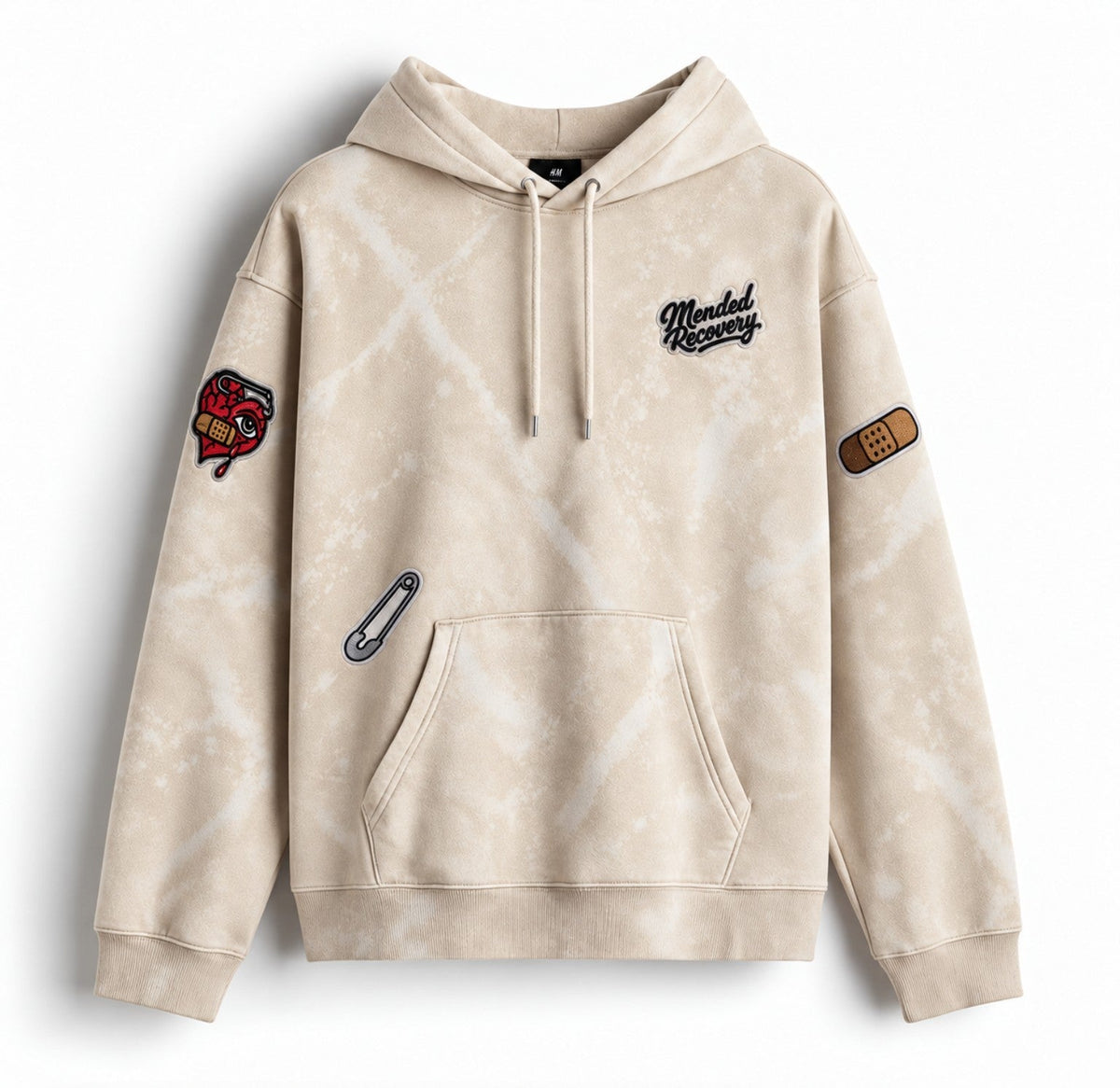 Cream distressed Mended Recovery hoodie – patch layout