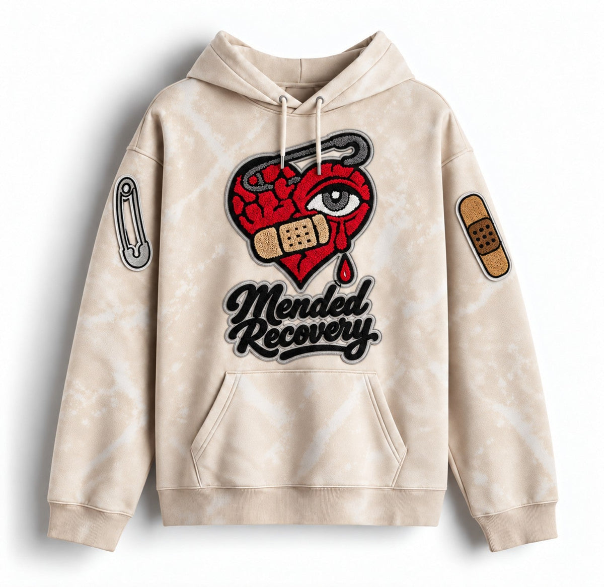 Cream distressed Mended Recovery hoodie – sleeve patch statement layout